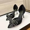 2024 Fashion Delicate Sweet Crystal Bowtie High Heel Shoes Side Hollow Pointed Women Pumps Woman Thin Heeled Party Wedding Shoes