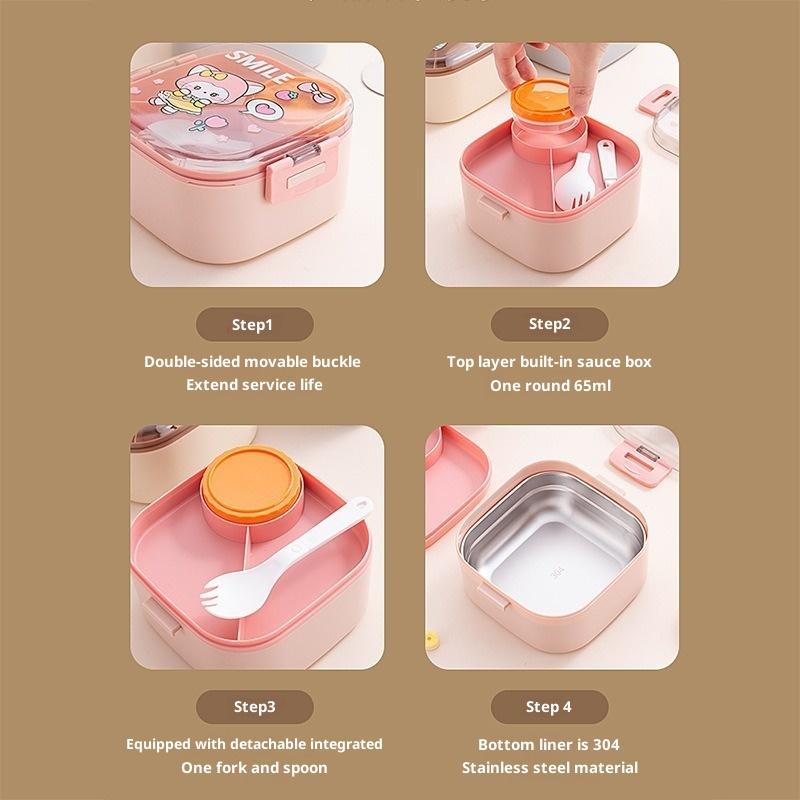 Tragbare Kinder Lunchbox Edelstahl Bento Box Mit Geschirr Cartoon Lebensmittelaufbewahrung Picknick im Freien Obstsalat Box