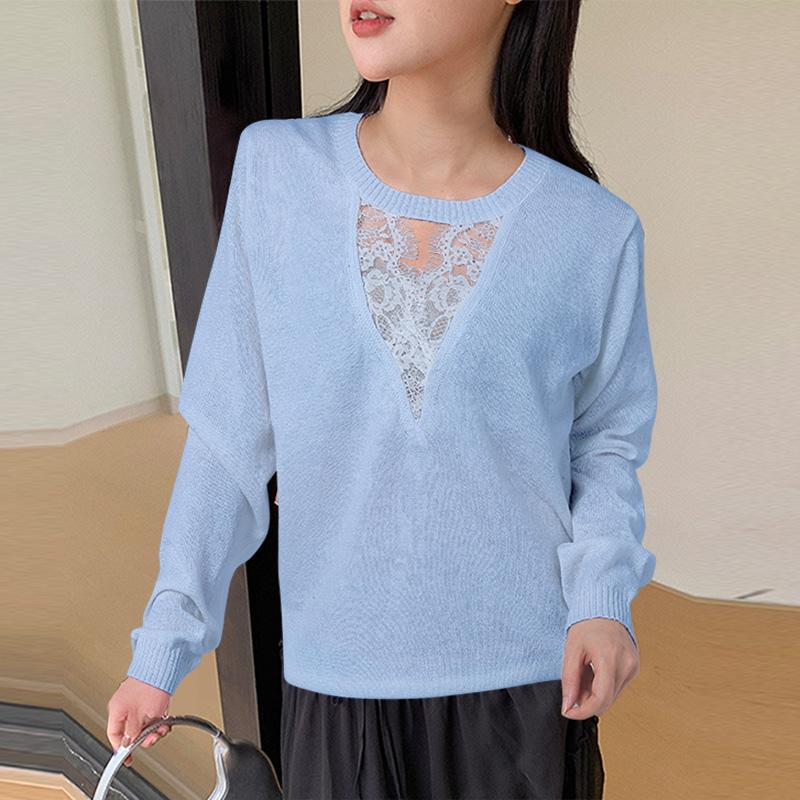 

VONDA Женский осенний круглый вырез с длинным рукавом кружевной пуловер свитера 2XL синий