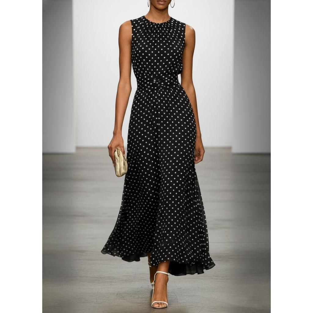 2026 Elegante Abito Lungo Senza Maniche a Pois per Donna, Abito Svasato A-line con Cintura in Vita, Casual Estivo e da Festa