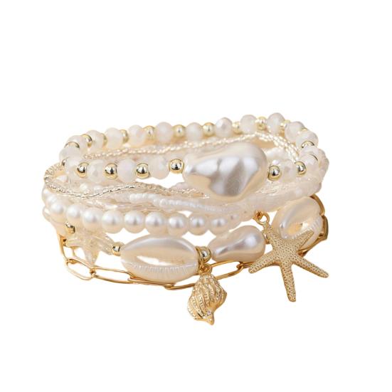 Summer Beach Bracelet for Women Faux Pearl Seashell Starfish Boho Layered Beaded Bracelets Handmade Stretch Bracelet