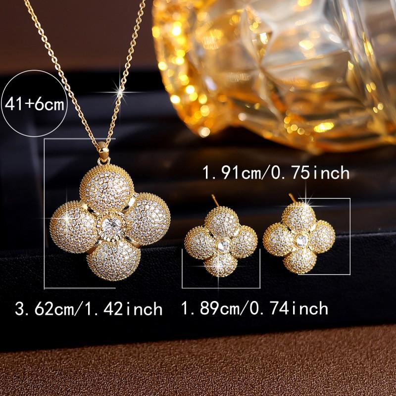 Elegant Four Leaf Clover Zircon Necklace Earring Set Women Gold Tone Fine Jewelry Wedding Bridal Accessory