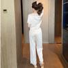 New Ice Silk Pajamas Women's Summer Thin Lace Sexy Short-sleeved Trousers Printed Silk Loungewear Set