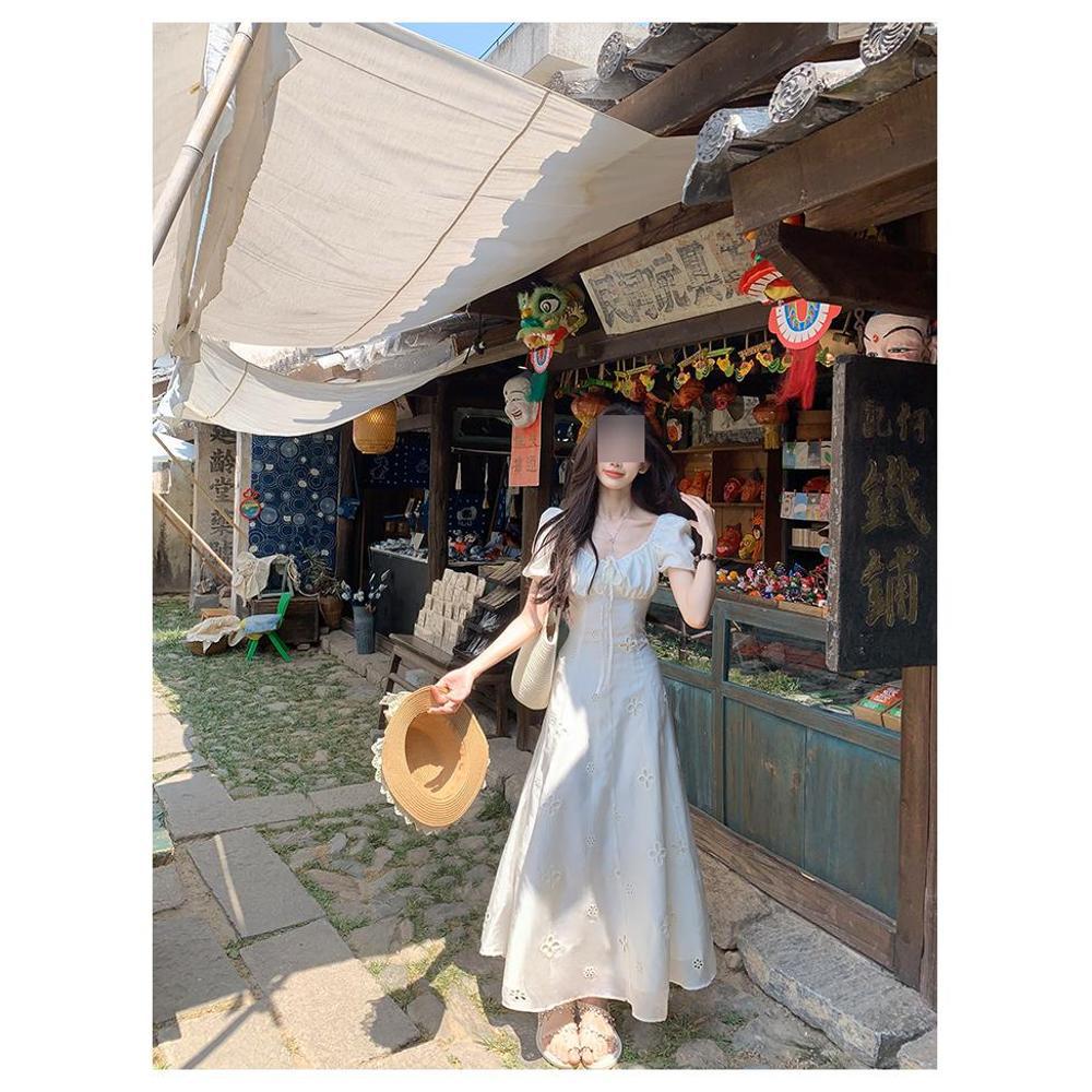 Gentle Wind Temperament Long Dress Summer Bubble Sleeve Strap Square Neck Dress Children Embroidery Hollow