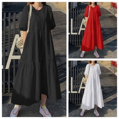 Vintage Women Crew Neck Puff Sleeve Casual Pleated Dress Oversize Loose Long Sundress Robes