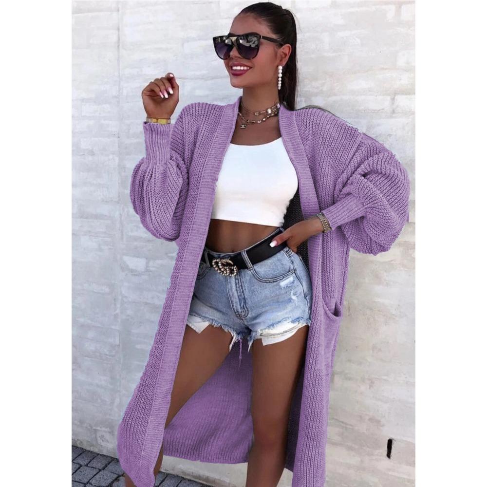 Chun-needle Knitted Sweater for Autumn and Winter Women's Outerwear, Solid Color Large-sized Long Pocket Cardigan Coat