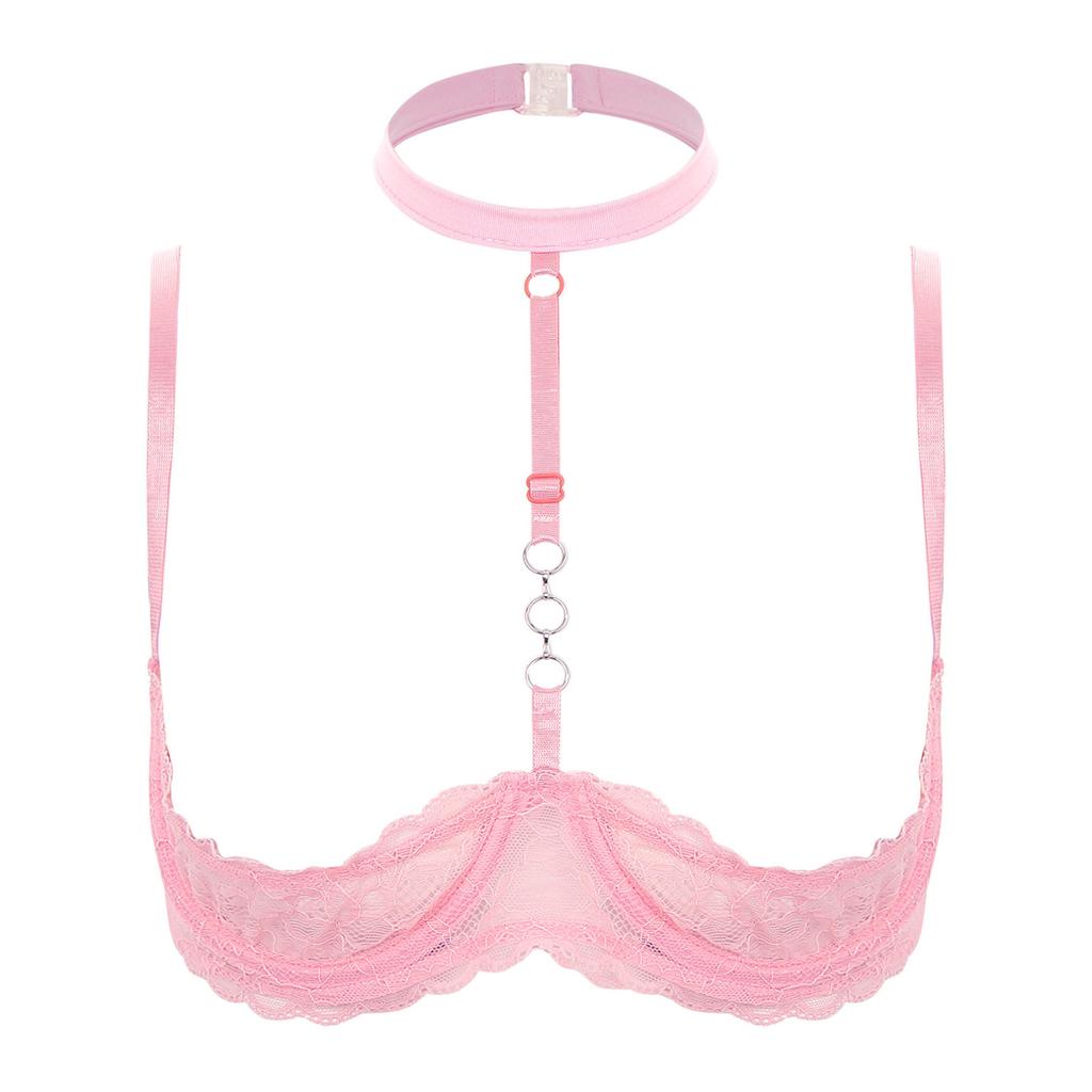 Women's Sexy Mesh Sheer Lace Unlined Bra Halter Neck Shelf Bra Push Up Brassiere Lingerie