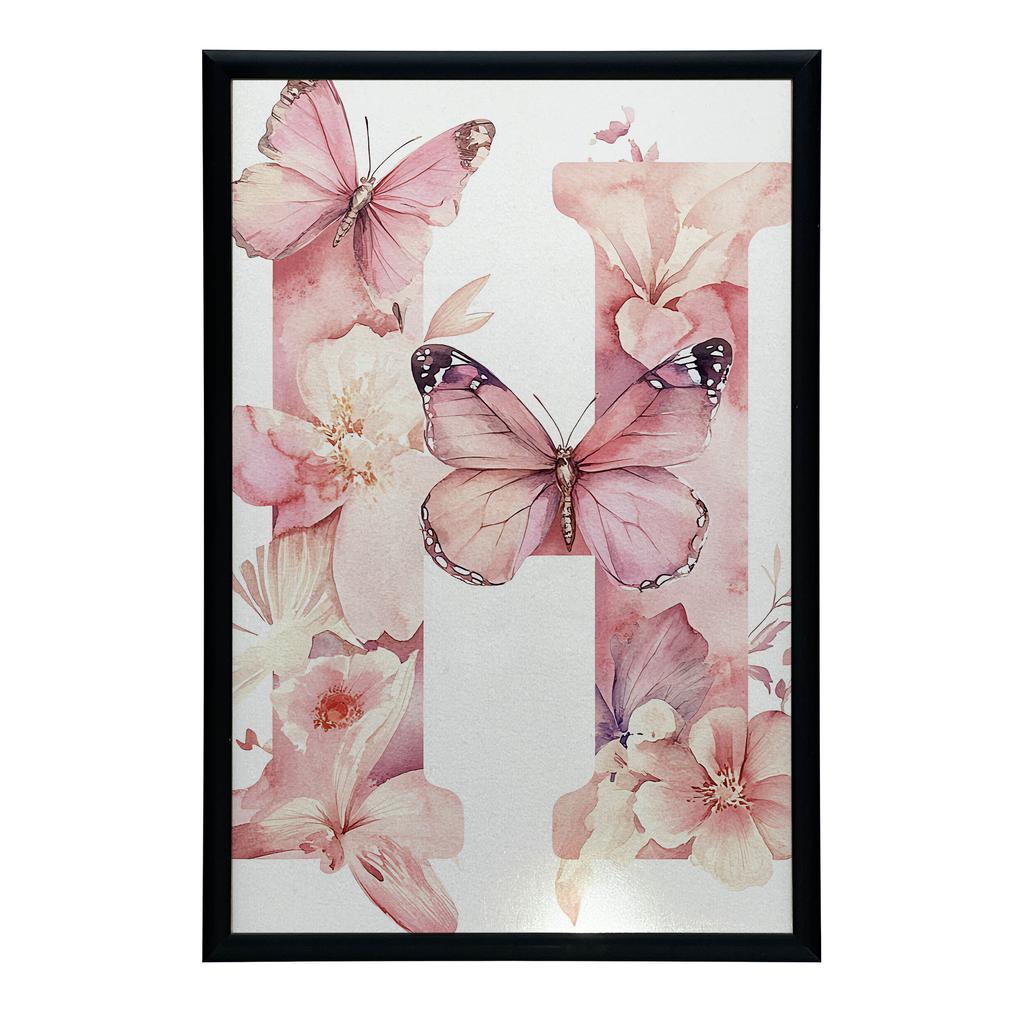 Plakat Romantyczna Litera H Z Kwiatów I Motyli Plakat Romantyczna Litera H Z Kwiatów I Motyli, 50X70 Cm, Rama Aluminiowa Czarna, Papier Matowy 230 Gsm