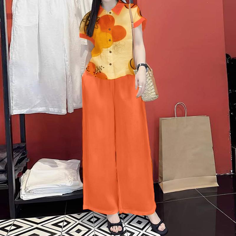 ZANZEA Women Short Sleeve Print Blouse and Pants Summer Two Piece Suit Sets