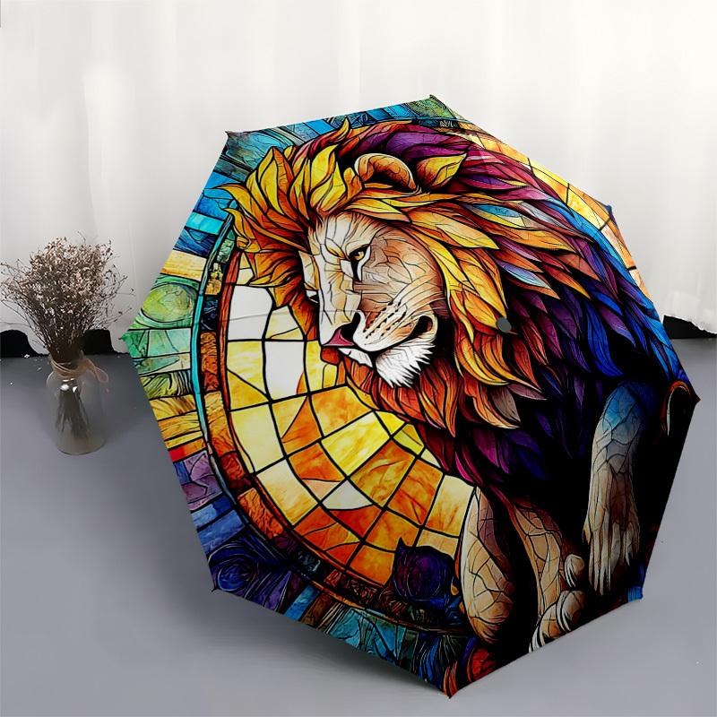 1 Stück Buntglas Löwen-Design Automatisches Öffnungs-/Schließschirm - Tragbares Dreifachfalt-Design mit 8-Speichen-Eisenrahmen, Outdoor, Ideales Geschenk für Fans, Reise