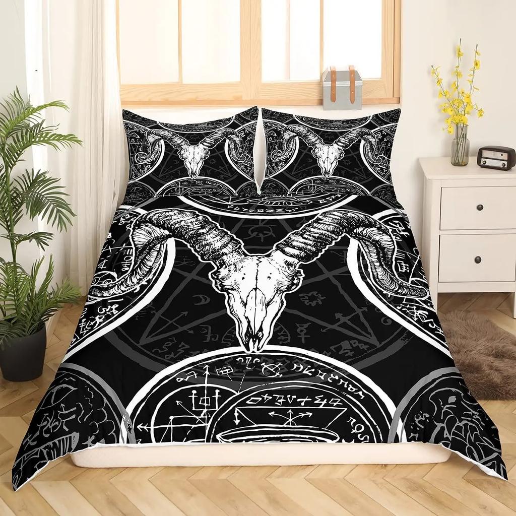 Horror House Duvet Cover Set Art Pentagram Goat Skull Devil Dream Hooded Exorcist Image Decorative Bedding SetKing Size Blue