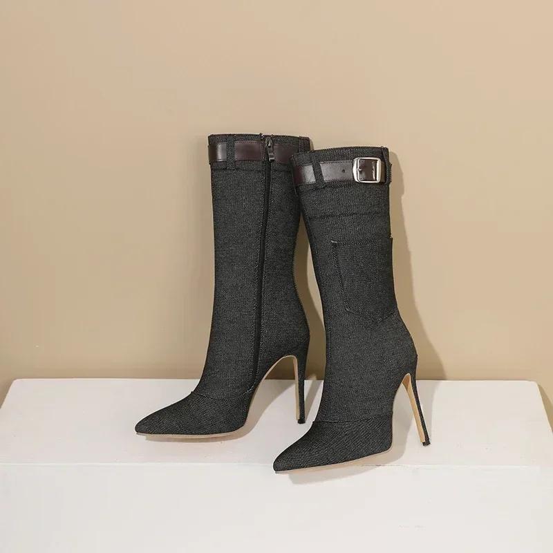 Zimowe Damskie Kozaki do Połowy Łydki Czarne Niebieskie Denim Wysokie Cienkie Obcasy Punk Sukienka Biuro Panie Szpiczasty Nosek Klamra Pasek Zamek Błyskawiczny Półbuty
