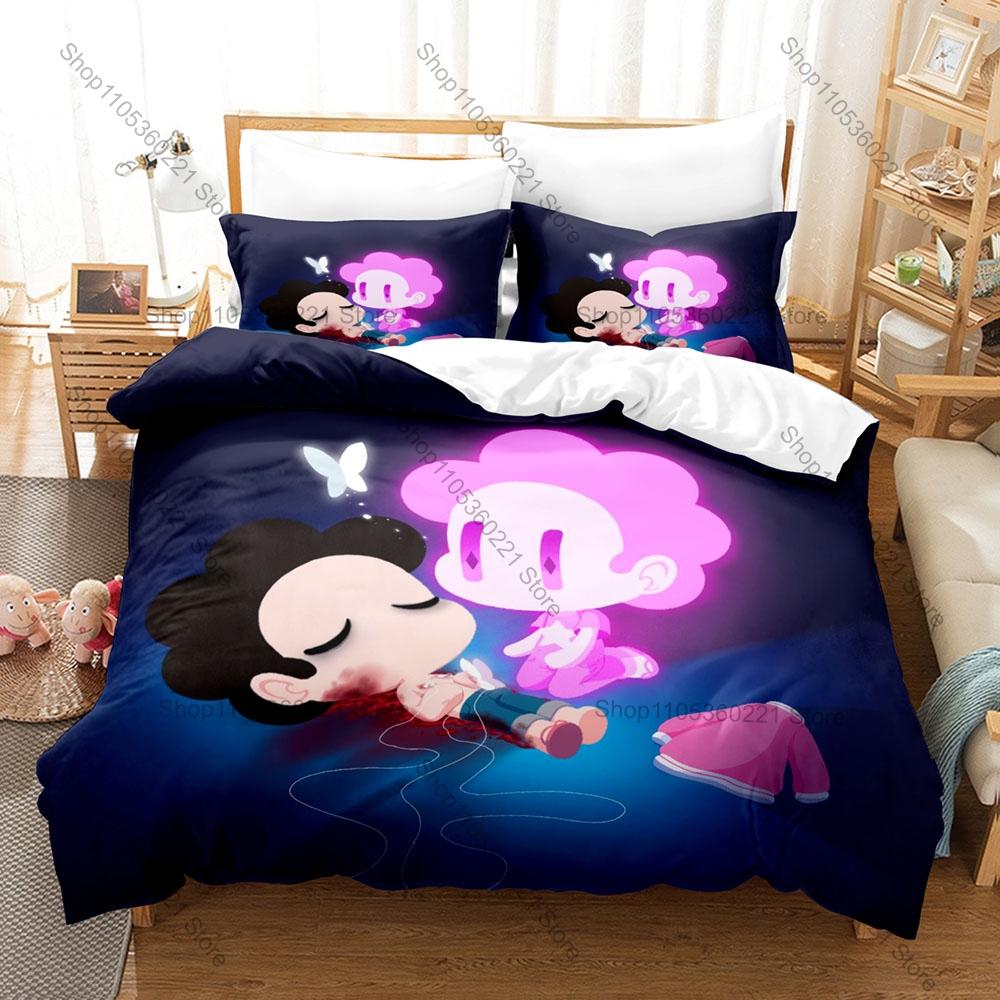 Cooles 3-in-1 Steven Universe Bettwäsche-Set, Bettbezug + Zwei Kissenbezüge, Niedlicher Anime-Kunstdruck Weicher Stoff Schönes Geschenk