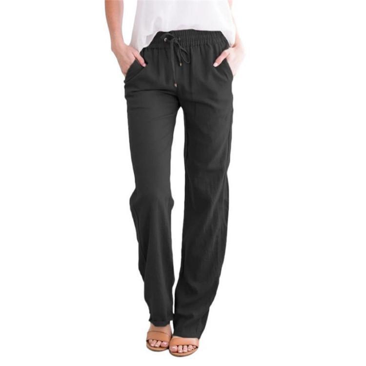 Women Wide Leg Trousers Loose Drawstring Casual Pants Solid Colour Cotton Linen Spring Summer