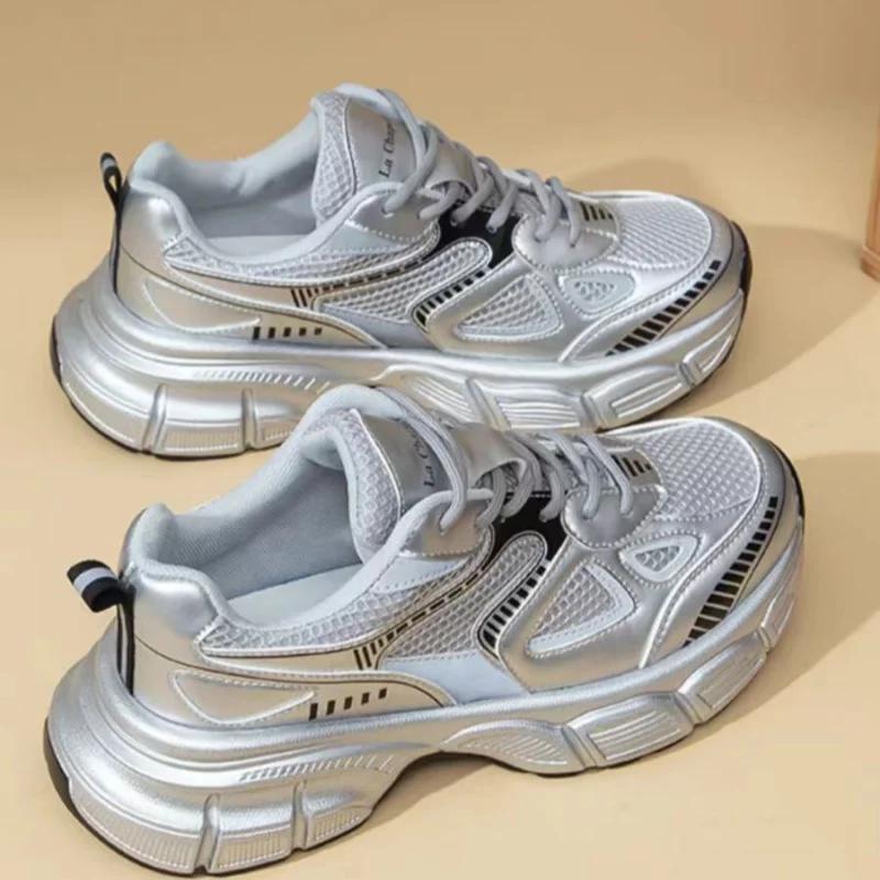 Spring And Autumn New Shallow Mouth Breathable Tie Thick Bottom Round Head Women Casual Shoes Fashion Comfortable Sports Shoes