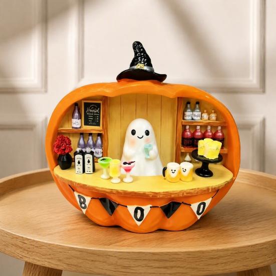 Small Halloween Ornament Ghost Bartender Pumpkin Figurine, Mini Bar Scene Coffee Lighted Tabletop Decoration for Living Room, Entryway, Mantel, Table,