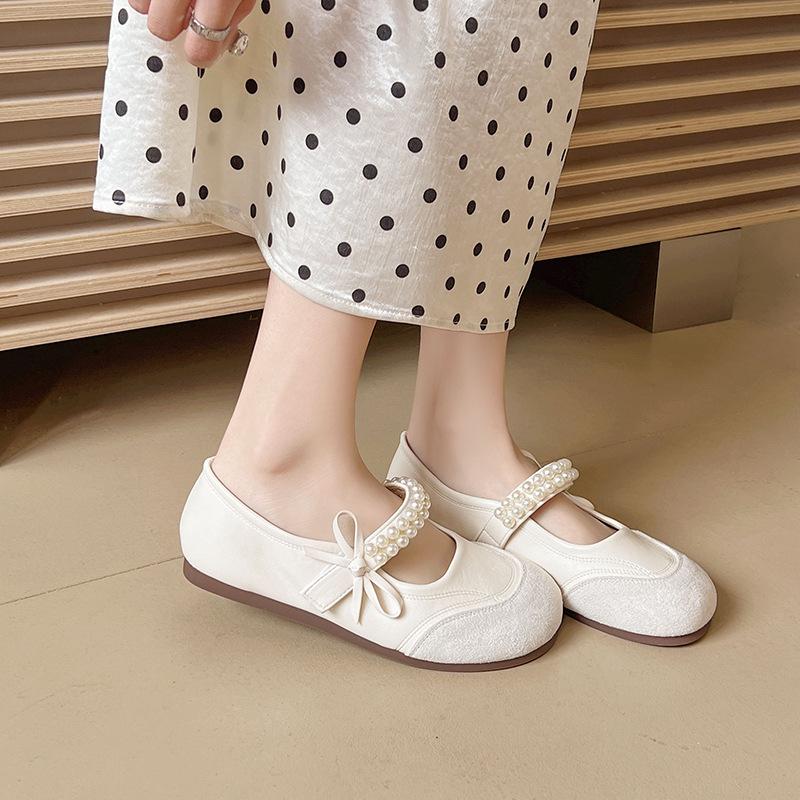 Literary Style Mary Jane Women's Baotou Spring and Summer Outer Wear 2025 New Pearl Belt Bow Buckle Flat Women's Shoes