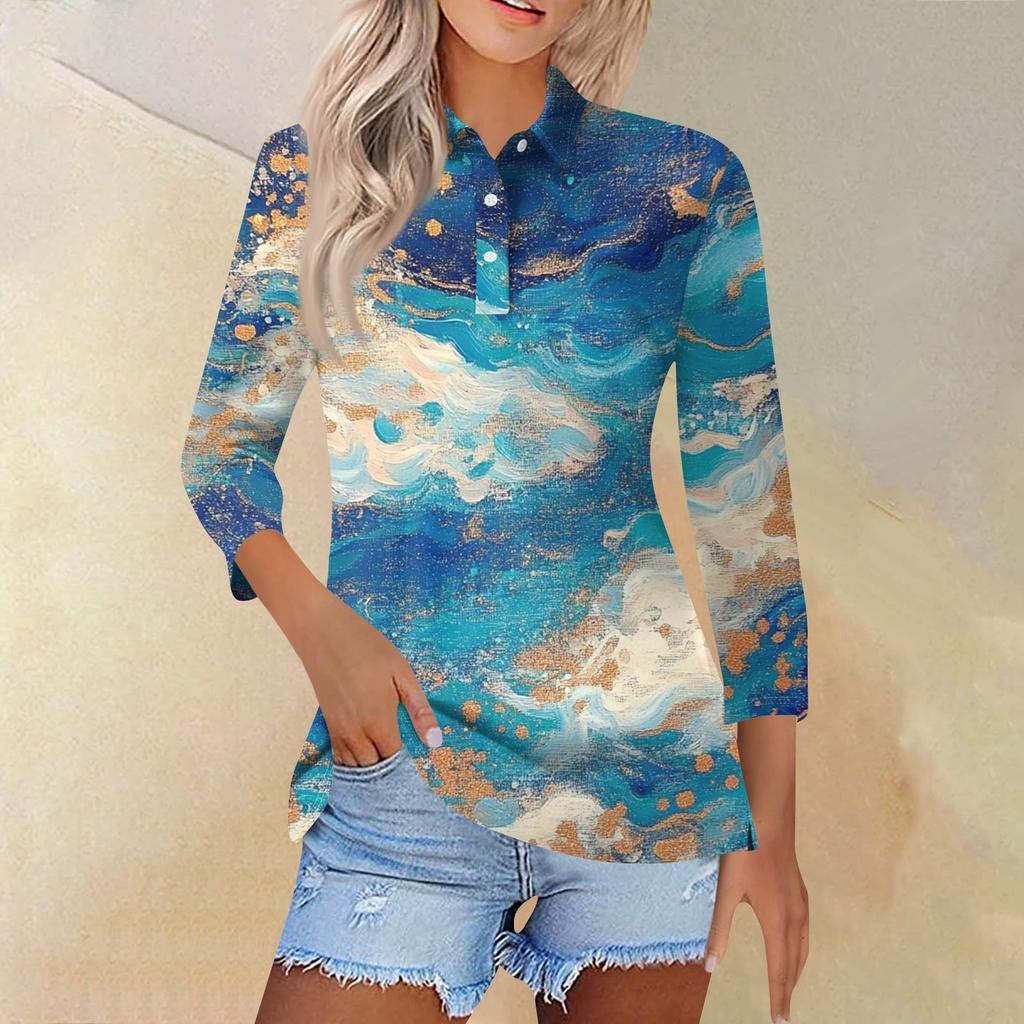 Damenmode Casual Revers Kurzarm Bedrucktes Hemd Damen Button Up Tops