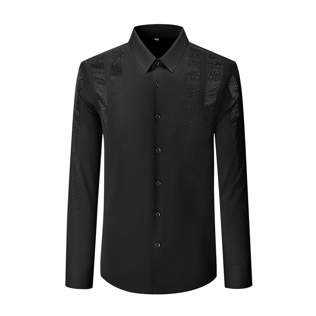Camicia da uomo di lusso con strass, senza stiro, a maniche lunghe