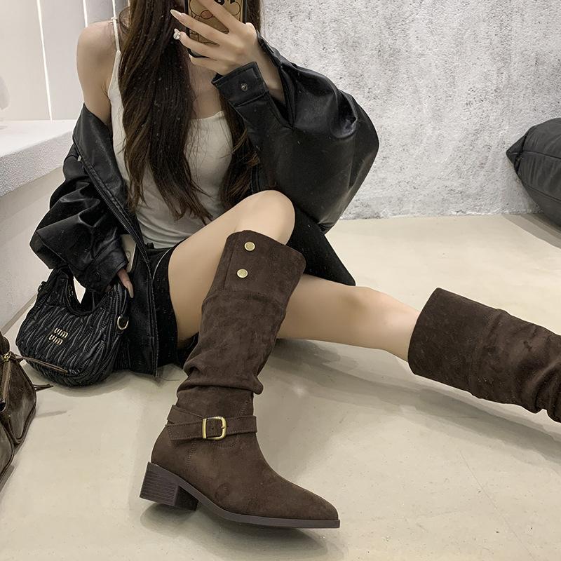 2025 autumn and winter new comfortable versatile stacking boots small long boots pleated belt buckle suede boots
