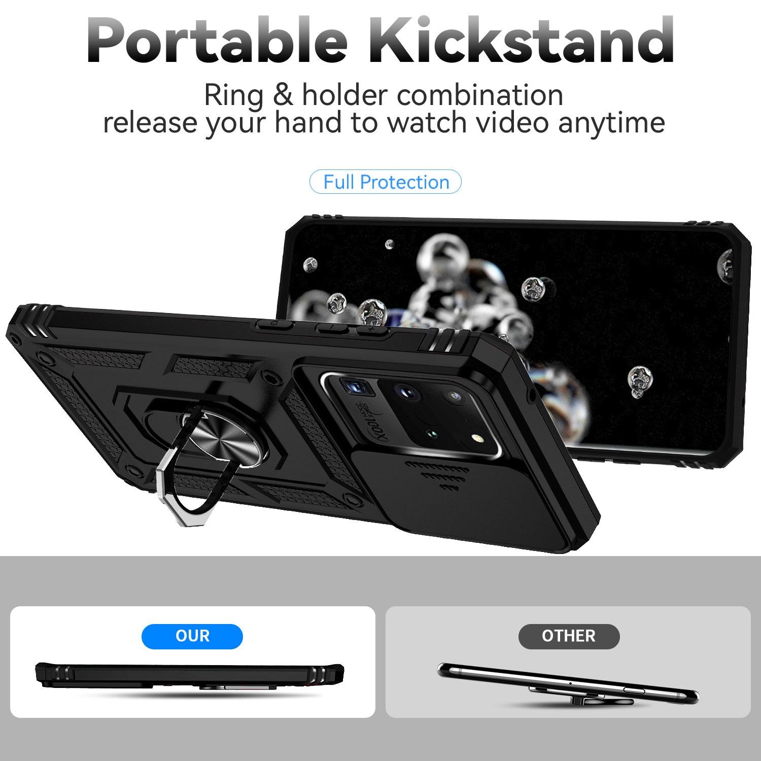 

Hard PC+Soft TPU Phone Case for Samsung Galaxy S20 Ultra,Metal Ring Kickstand Anti-drop Cover with Slide Camera Protection Black