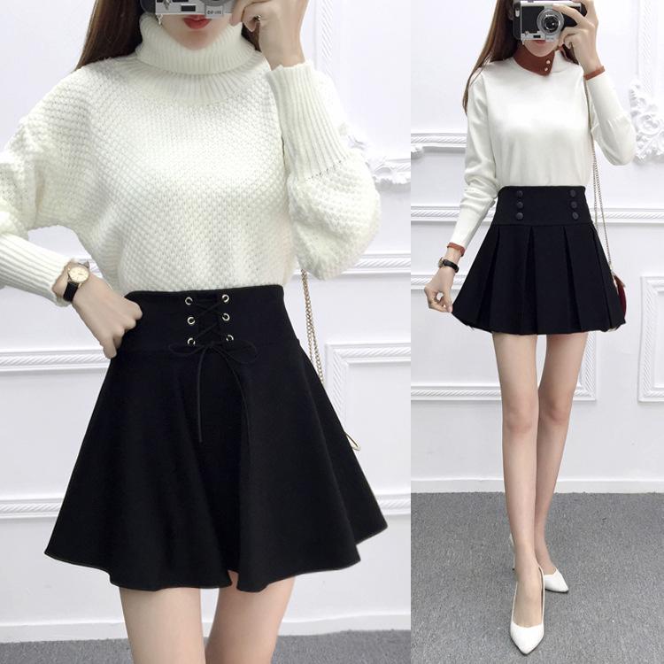 Women's High-Waisted Pleated A-Line Skirt – College Style Black Short Skirt for Spring & Autumn