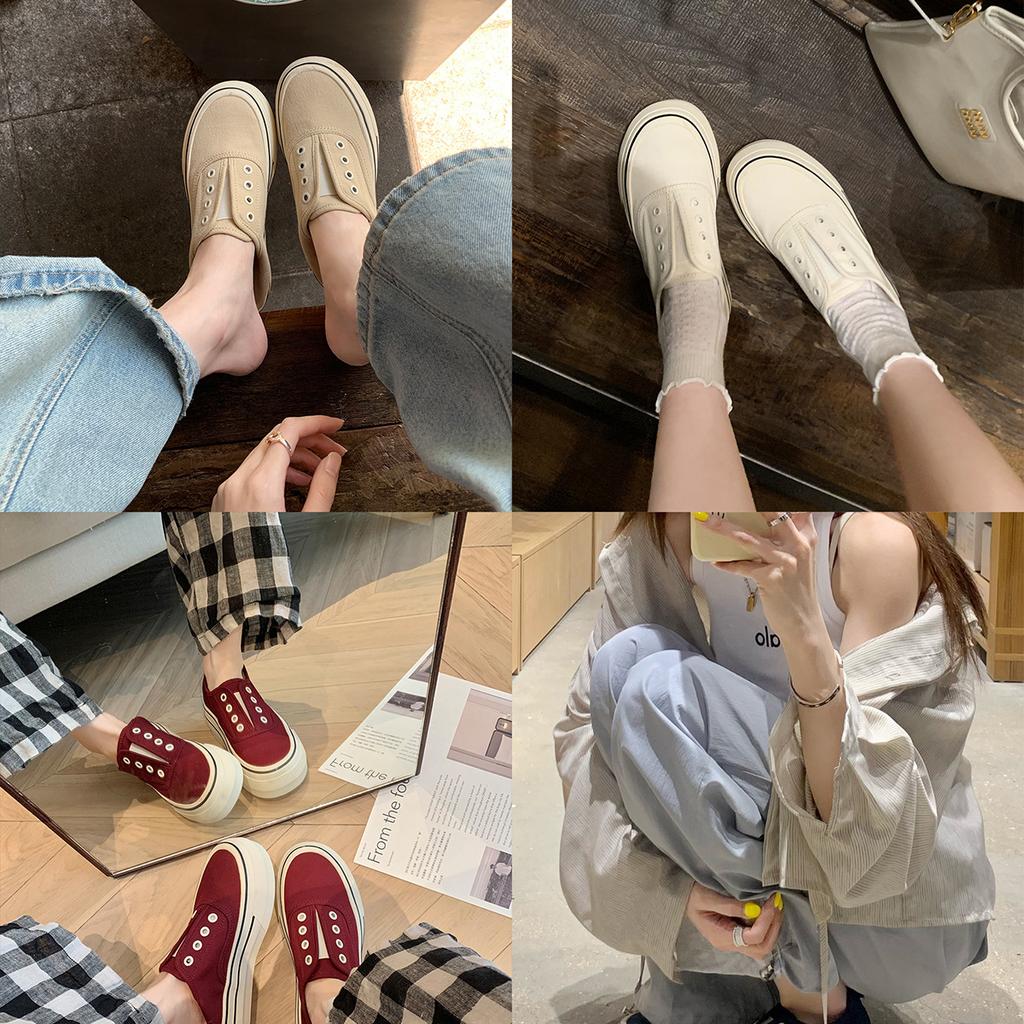 Advanced Sense~ Grape Mother Height Increase 7cm Lazy Without Shoelaces Round Head Thick Sole One Pedal Casual Board Shoes Women's Canvas Shoes