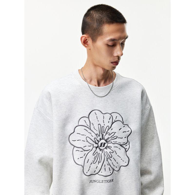 Jungle Tiger Floral Embroidery Heavyweight Pink Sweatshirt for Women, High Street Fashion Brand, Loose Casual Crew Neck Pullover Top for Men