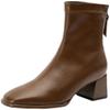 Brown chunky French short boots for women to look slimmer. New square-toed, beige ankle and mid-high heels of bare boots C1349