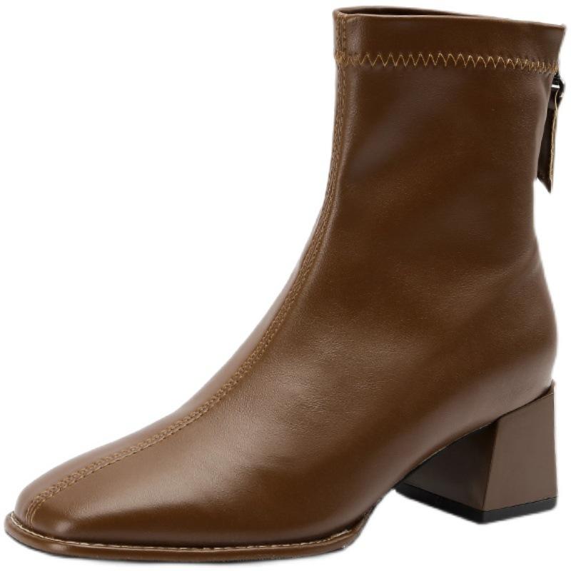 Brown chunky French short boots for women to look slimmer. New square-toed, beige ankle and mid-high heels of bare boots C1349