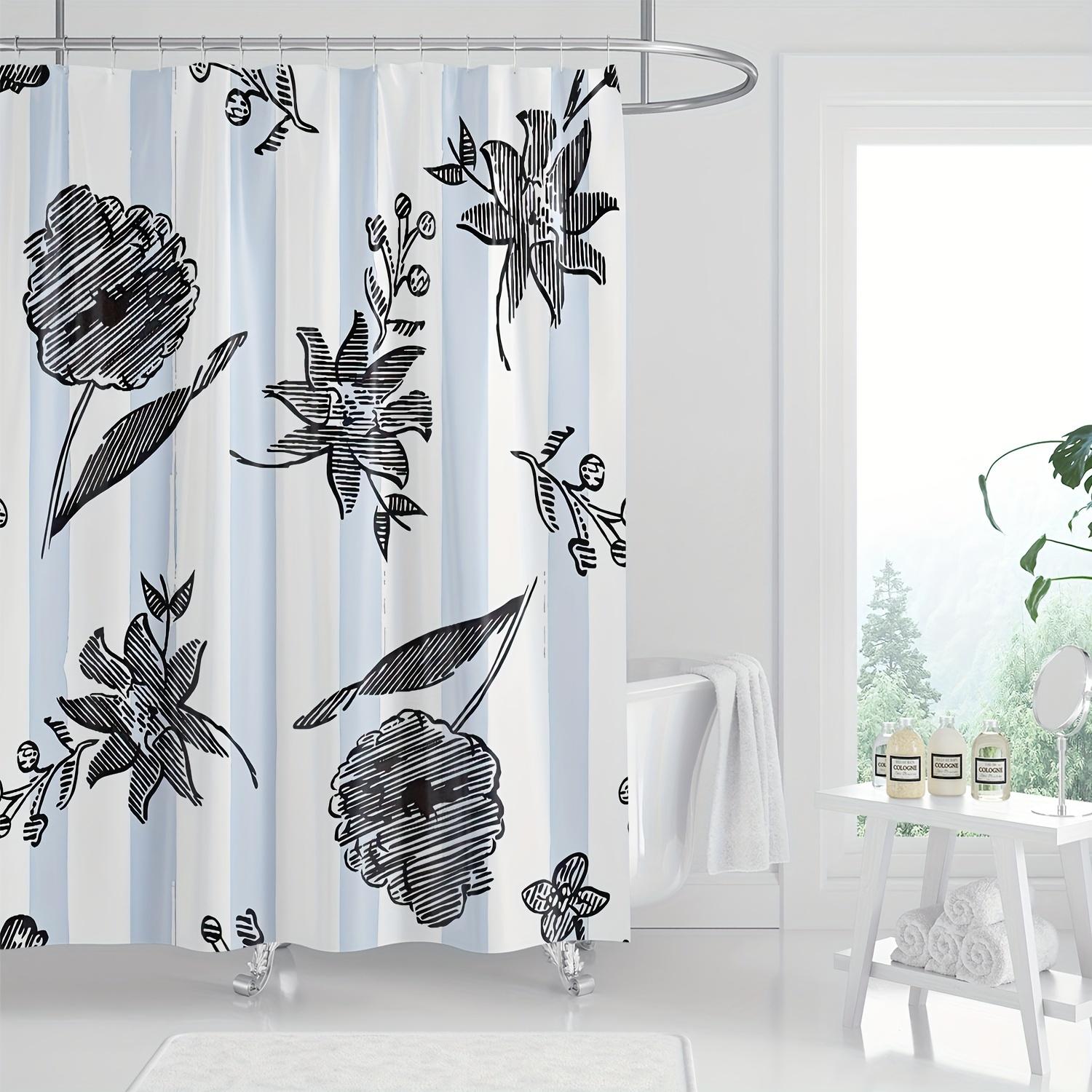 

Blue And White Striped Shower Curtain With Black Floral And Greenery Line Art, Digital Print, Machine Washable Bathroom Decor W90xH180cm