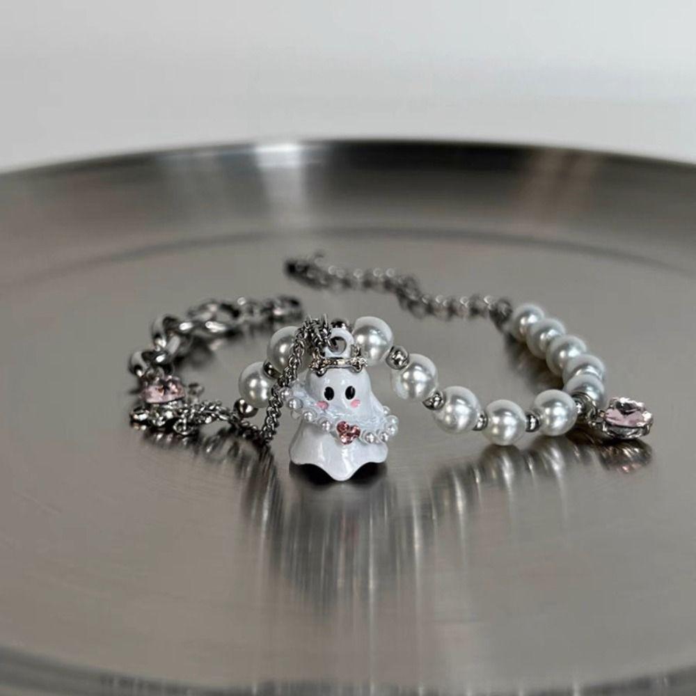 2PCS Pearl Beaded Halloween Couple Bracelets Funny Ghost Pendant Bracelet  Friends