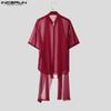 INCERUN Men Stand Neck Short Sleeve Double Layers Buttons Mesh Sheer Casual Shirts
