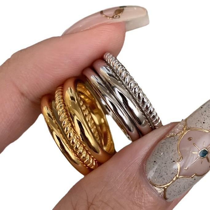Light Luxury Minimalist Style Ring Twist Wide Version Narrow Version Set Ring Stacked Wearing Daily Commuting Retro Versatile Design Index Finger Ring