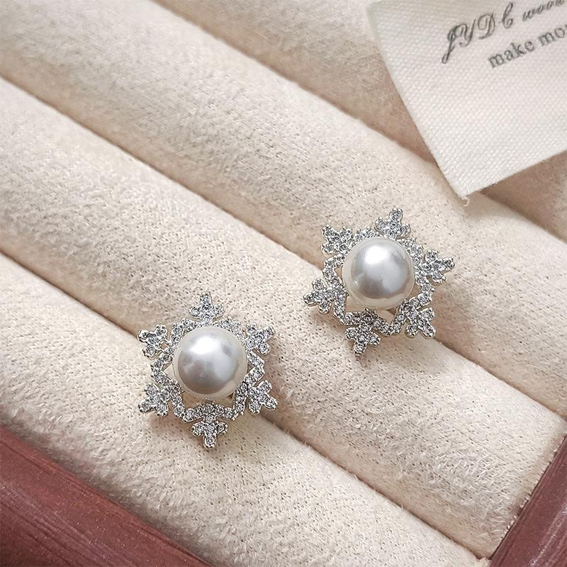 Luxury Copper Plated Gold & Silver Snowflake Earrings with Pearl Zirconia & Diamond Accents