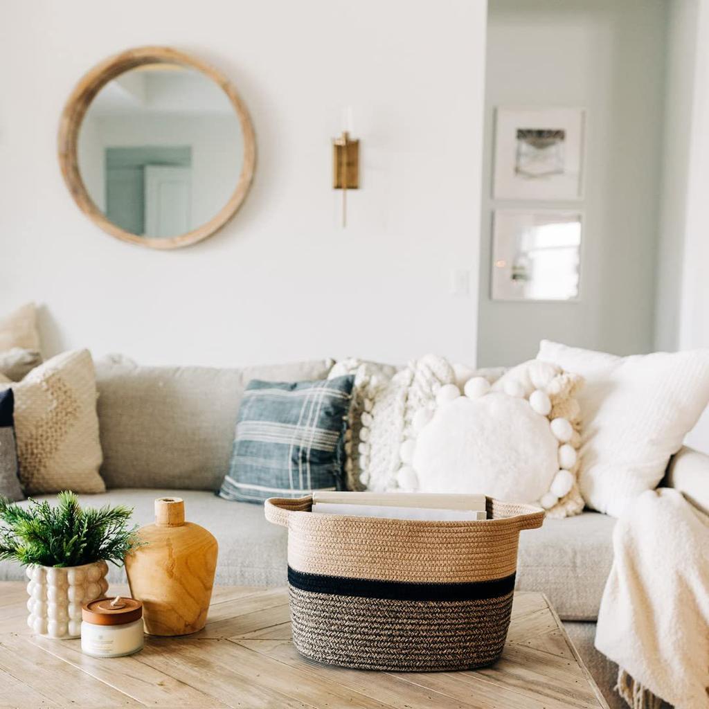 Laundry Basket Woven Cotton Storage Organizing Bin with  Handles for Desk Organization, Small Basket for Keys Makeups Toys