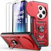 Case for Xiaomi Redmi 14C with 2 Tempered Glasses, Red Shockproof Hard Case with Camera Protection