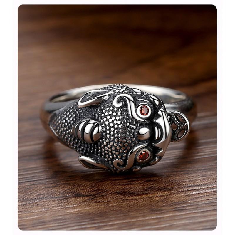 Adjustable Open Ring With Pixiu Fortune Beast Motif Sterling Unisex Vintage Style Finger