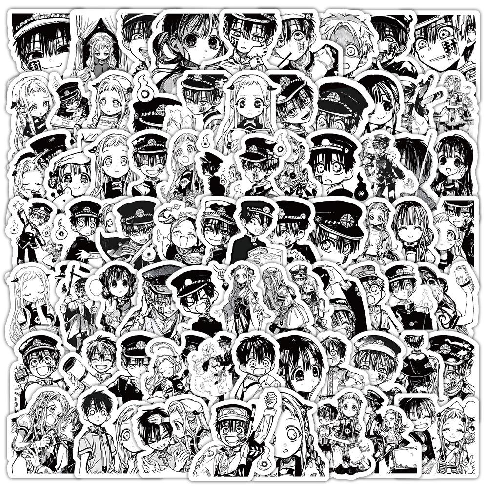 100 Waterproof Hanako-kun Stickers - Black & White Anime Character Decor for Suitcases, Water Bottles, and Desktops