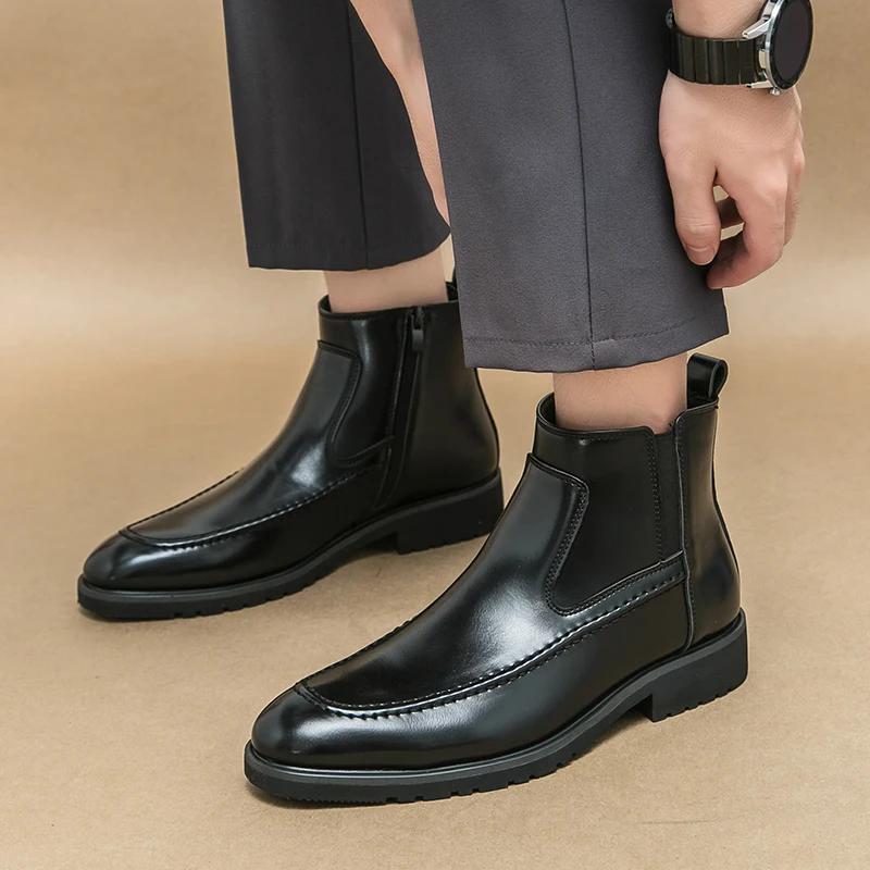 Fashion Brown Chelsea Boots Men Business Black Round Toe Zipper Slip-On Solid Men's Formal Boots  Size 38-46