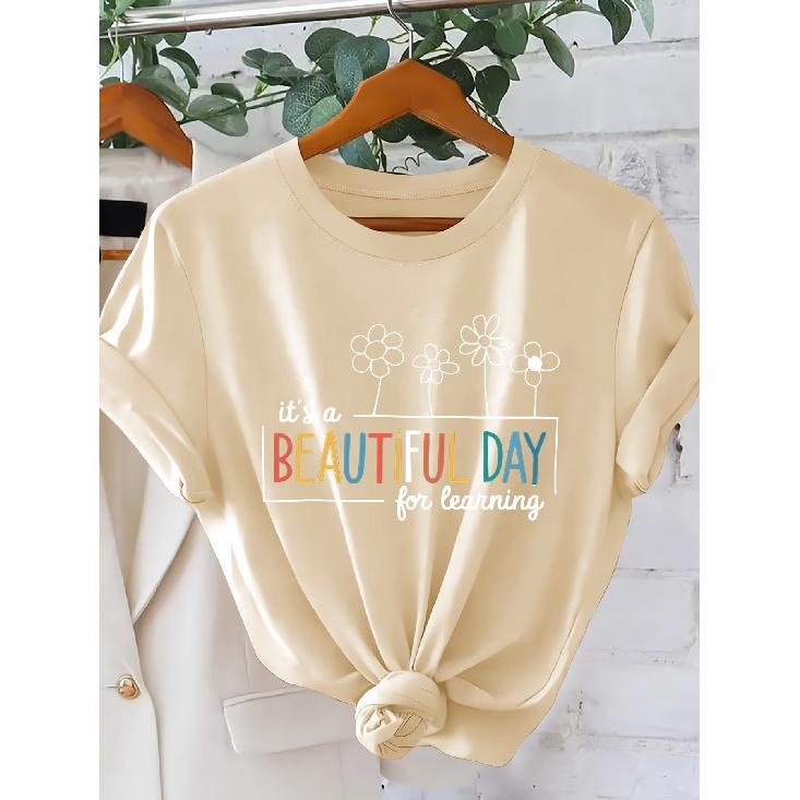 Women's Fresh Study-Style Printed Short Sleeve Shirt Beautiful Day Learn the Japanese round neck style T Shirt Elegant party holiday casual