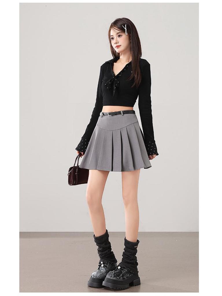 European & American Style Korean Pleated A-line Skirt with Belt - Anti-Exposure, Age-Reducing Short Umbrella Skirt.