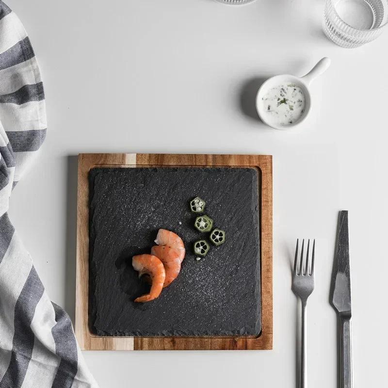 New Solid Wood Snack Plate Wooden Tray Western-style Japanese Cuisine Black Slate Bread Plate Acacia Wooden Plate