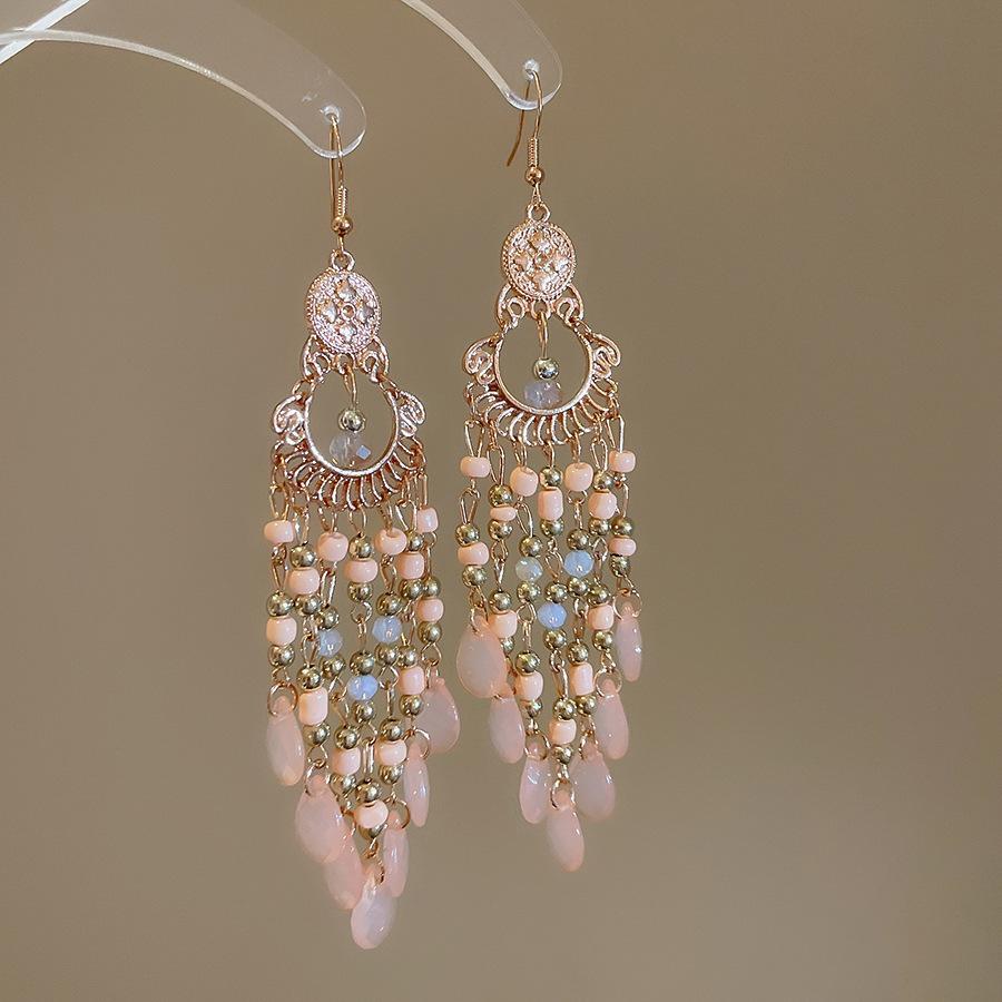 Round acrylic rice beads fringed ear hooks new retro niche design earrings fashion personality temperament earrings