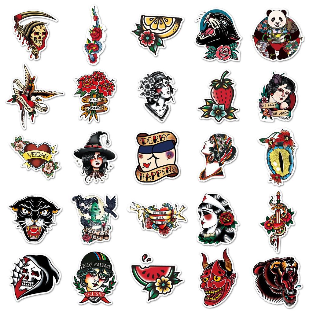 50pcs Cartoon Tattoo Stickers for Notebooks, Luggage, Scooters, Cars, and Motorcycles