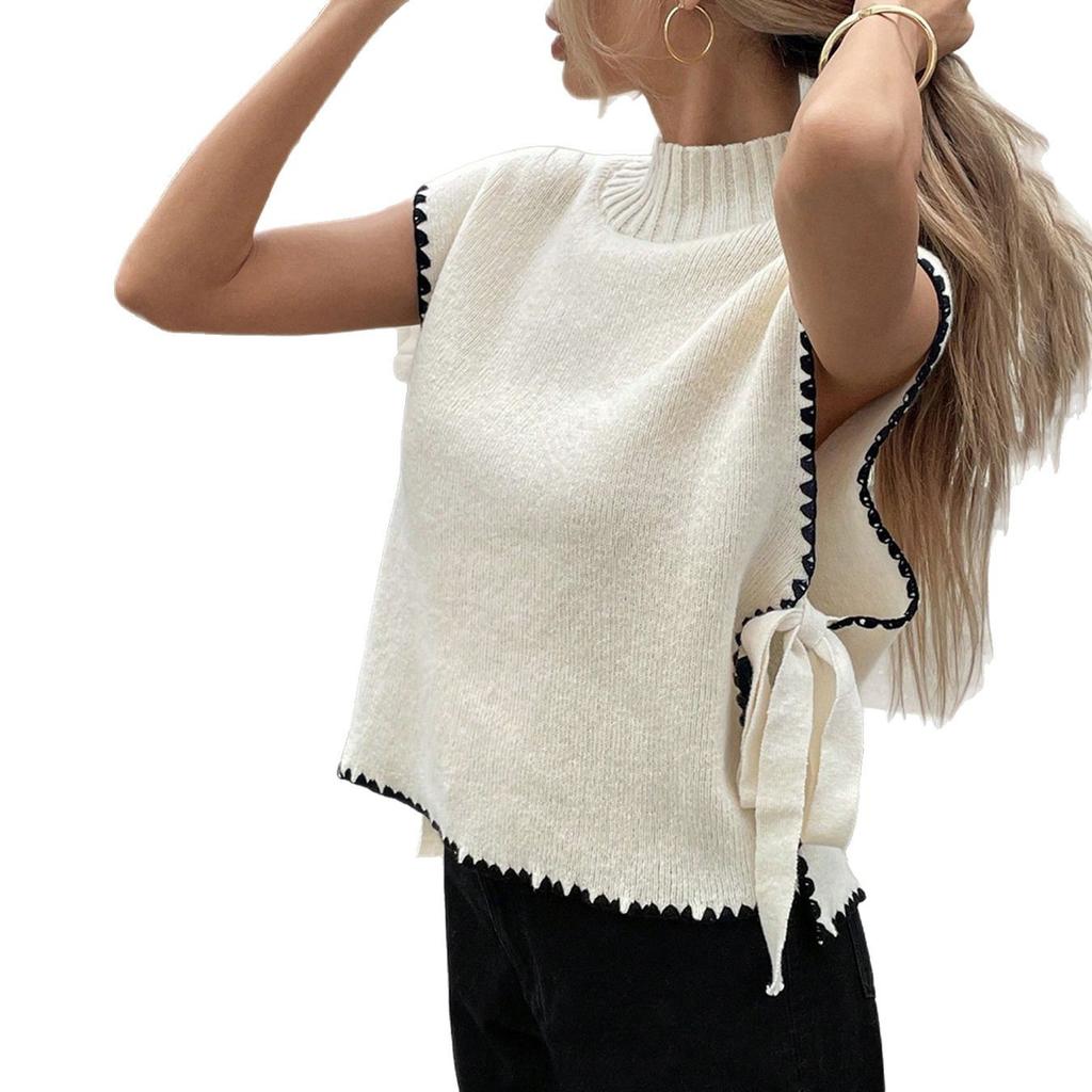 Women's Vest Half High Collar Color-blocked Bow Knitted Vest Loose Sleeveless Sweater Vest Top