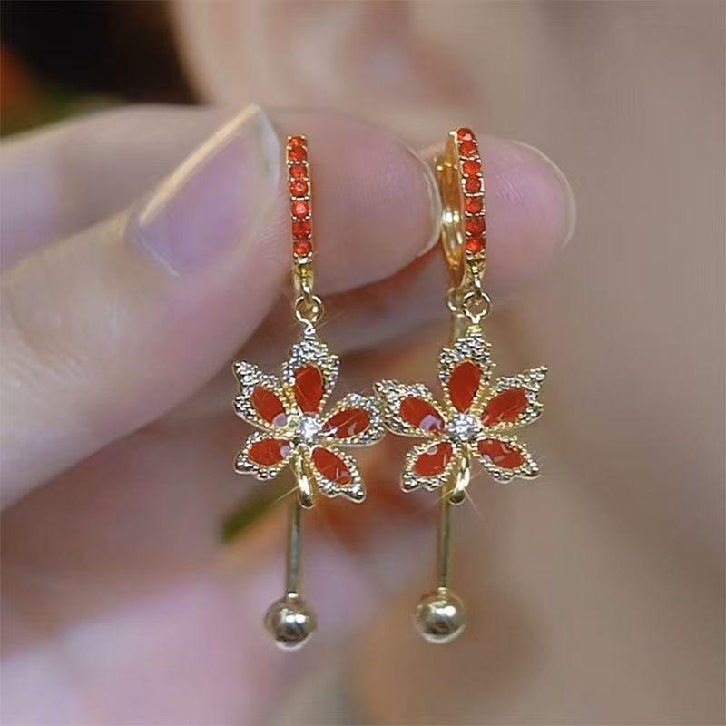 Elegant Red Maple Leaf Zirconia Flower Ear Studs - High-End Luxury Jewelry