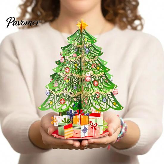 Small Tabletop Holiday Decoration 3D Puzzle Paper Christmas Tree Decoration, Desktop Ornaments Decorated with Star Topper And Gift Box for Home Decor
