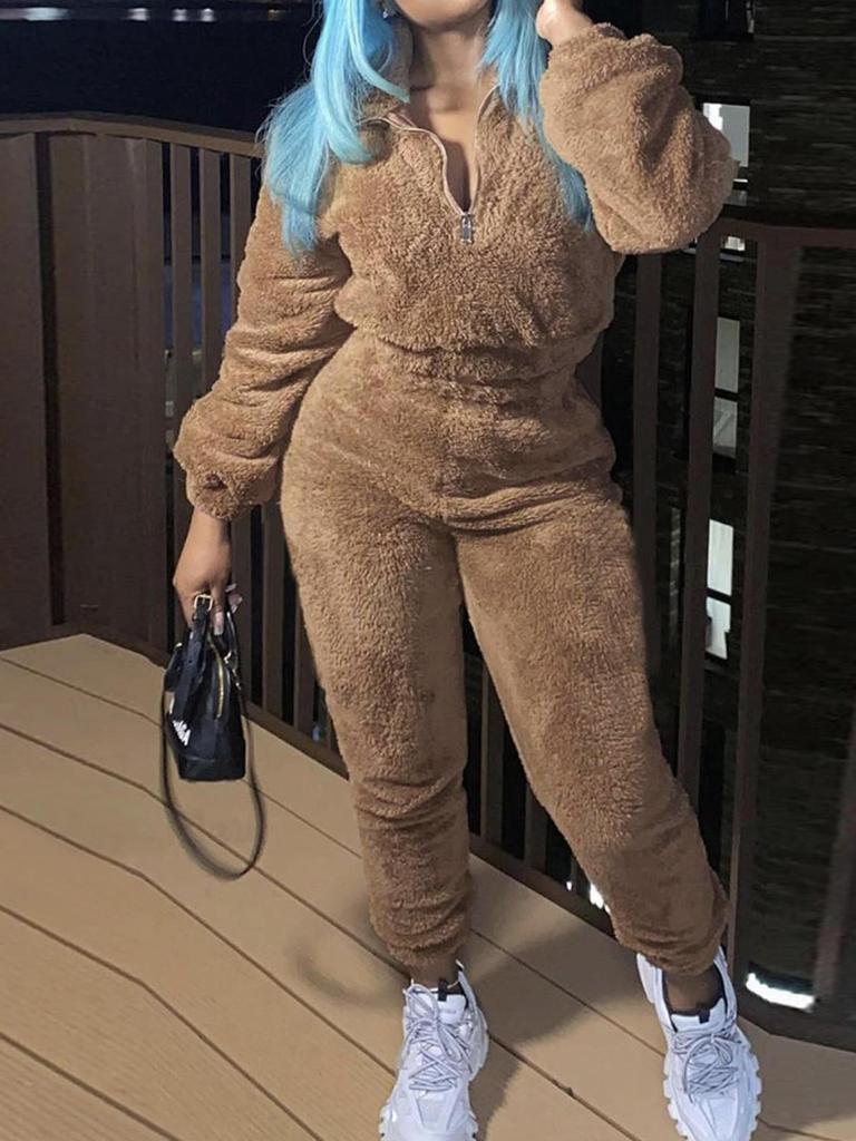 European & American Women's Solid Color Long Sleeve Plush Suit - Autumn/Winter Fashion Casualwear