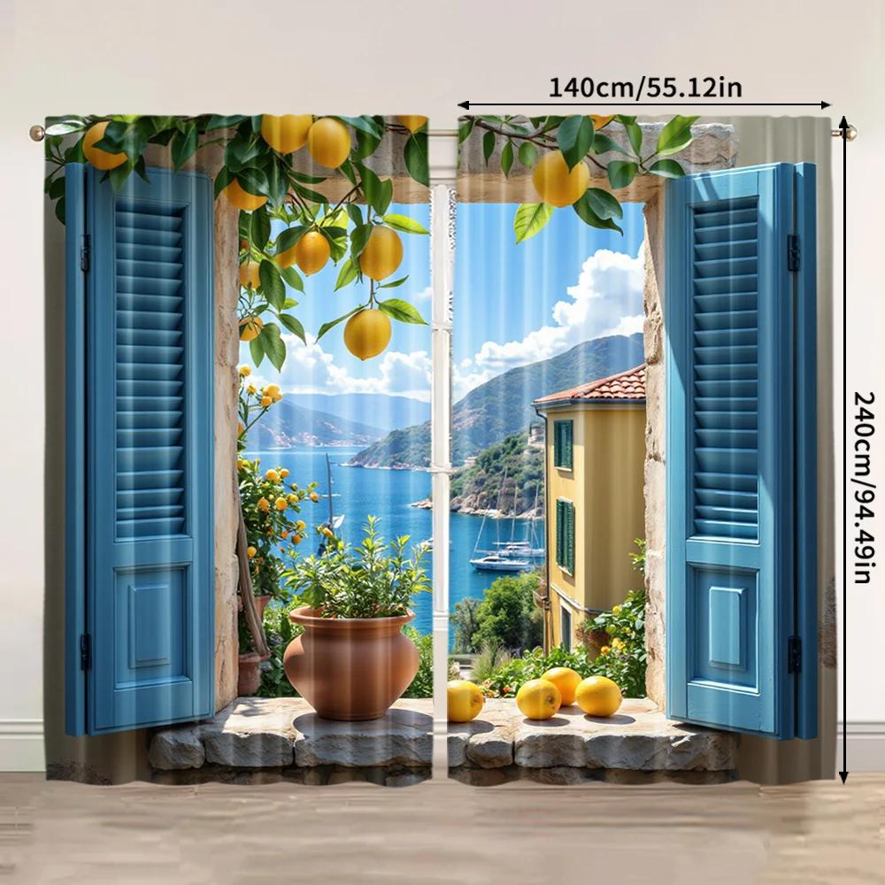 2pcs   2D Flat Printing Scene Curtains Retro Seaside Versatile Polyester Fabric  Without Electricity Spring Party & Holiday Decor